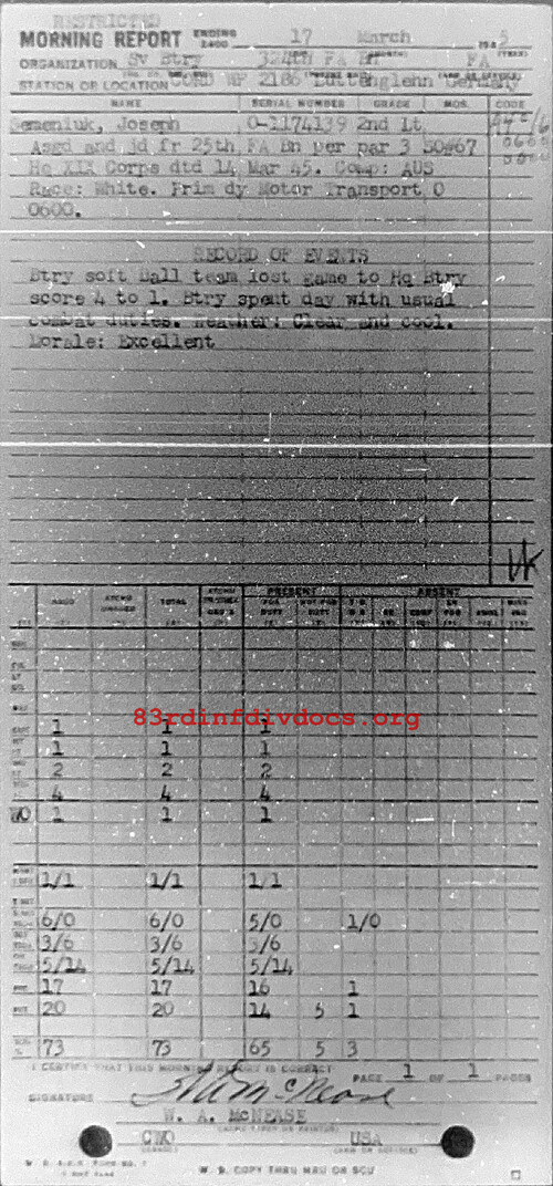 Morning report SERBTRY Co, 1945-03-17, page 1 Morning report