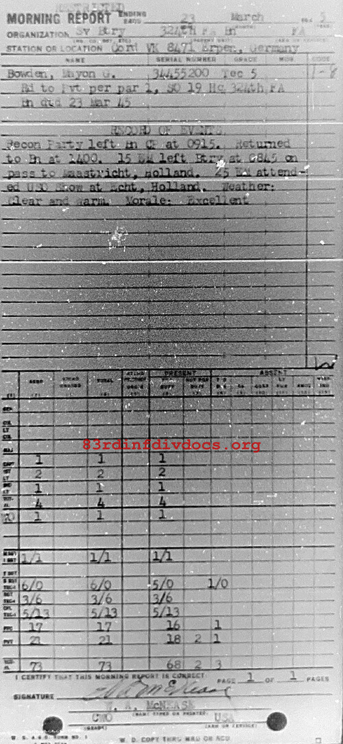 Morning report SERBTRY Co, 1945-03-23, page 1 Morning report