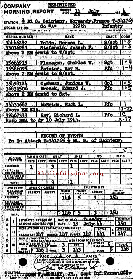 Morning report A Co, 1944-07-11, page 1 Morning report