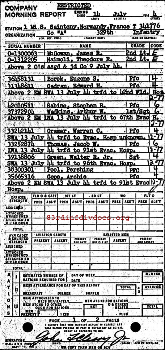 Morning report A Co, 1944-07-14, page 1 Morning report