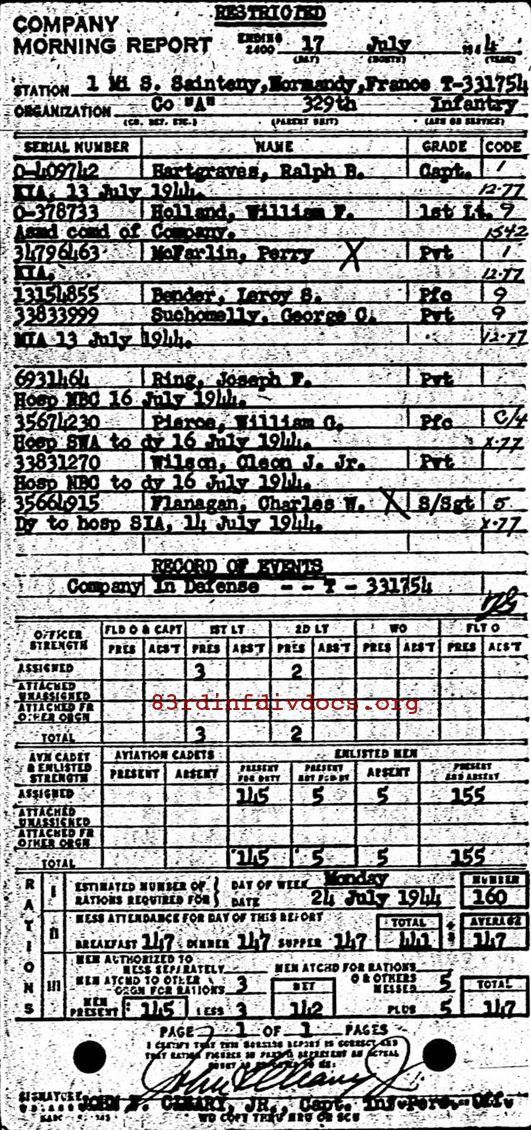 Morning report A Co, 1944-07-17, page 1 Morning report