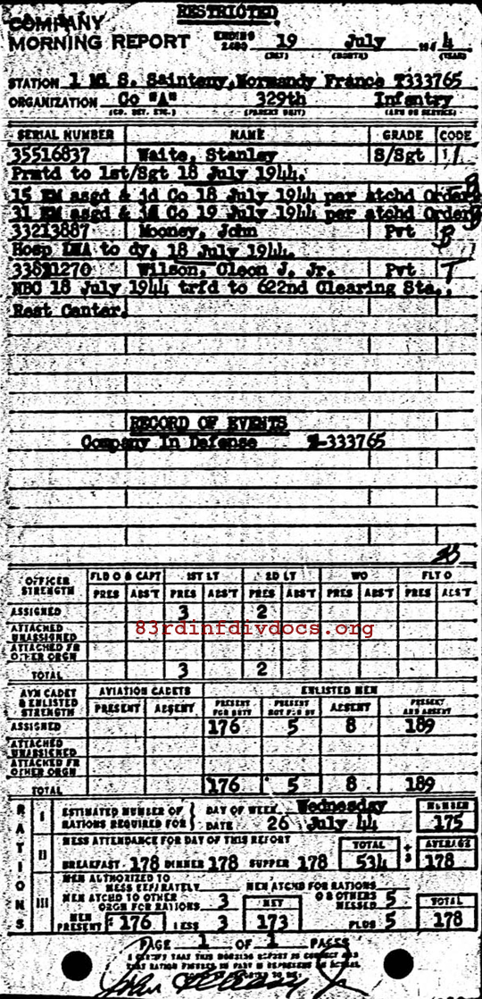 Morning report A Co, 1944-07-19, page 1 Morning report