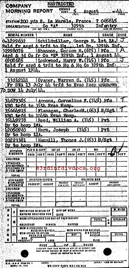 Morning report A Co, 1944-08-05, page 1 Morning report