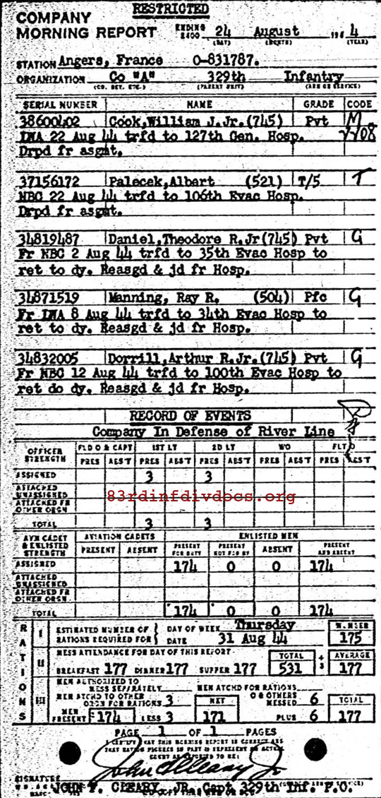 Morning report A Co, 1944-08-24, page 1 Morning report