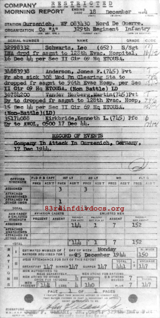 Morning report A Co, 1944-12-18, page 1 Morning report