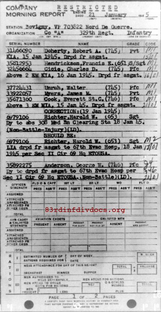 Morning report A Co, 1945-01-21, page 1 Morning report