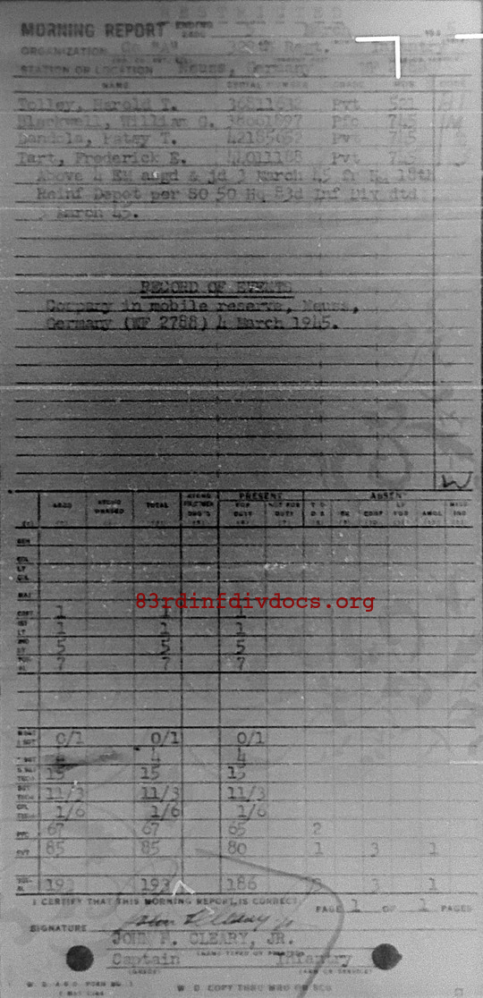 Morning report A Co, 1945-03-05, page 1 Morning report