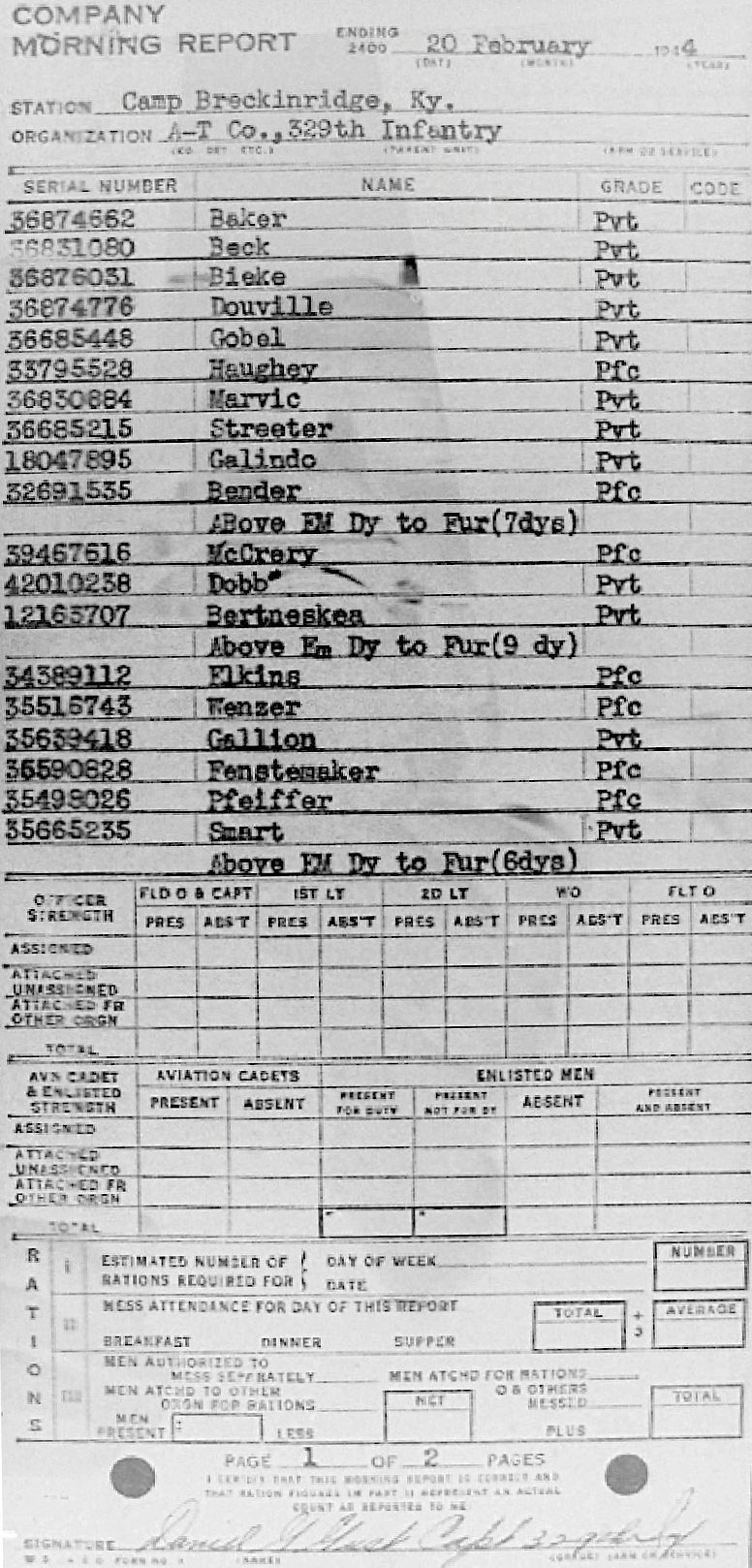 Morning report ATCO Co, 1944-02-20, page 1 Morning report