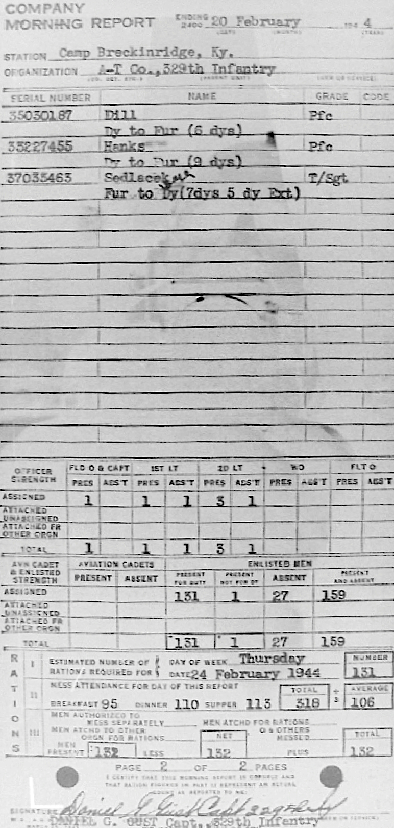 Morning report ATCO Co, 1944-02-20, page 2 Morning report