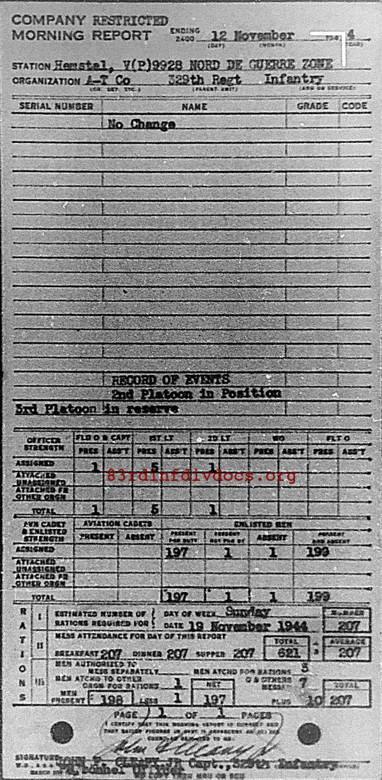Morning report ATCO Co, 1944-11-12, page 1 Morning report