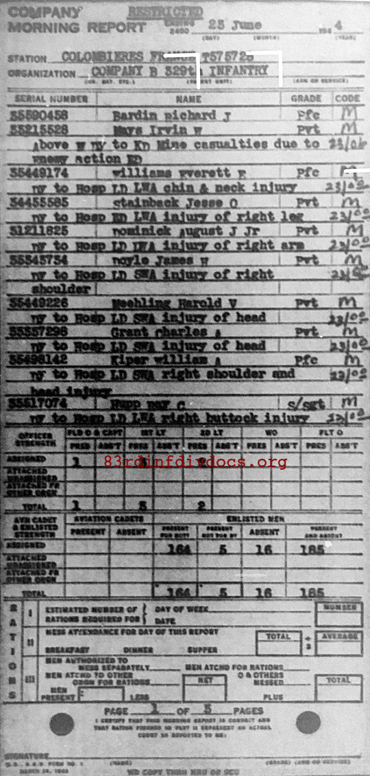 Morning report B Co, 1944-06-23, page 1 Morning report
