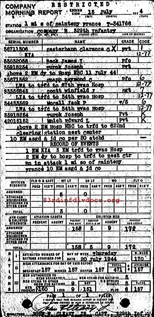 Morning report B Co, 1944-07-13, page 1 Morning report