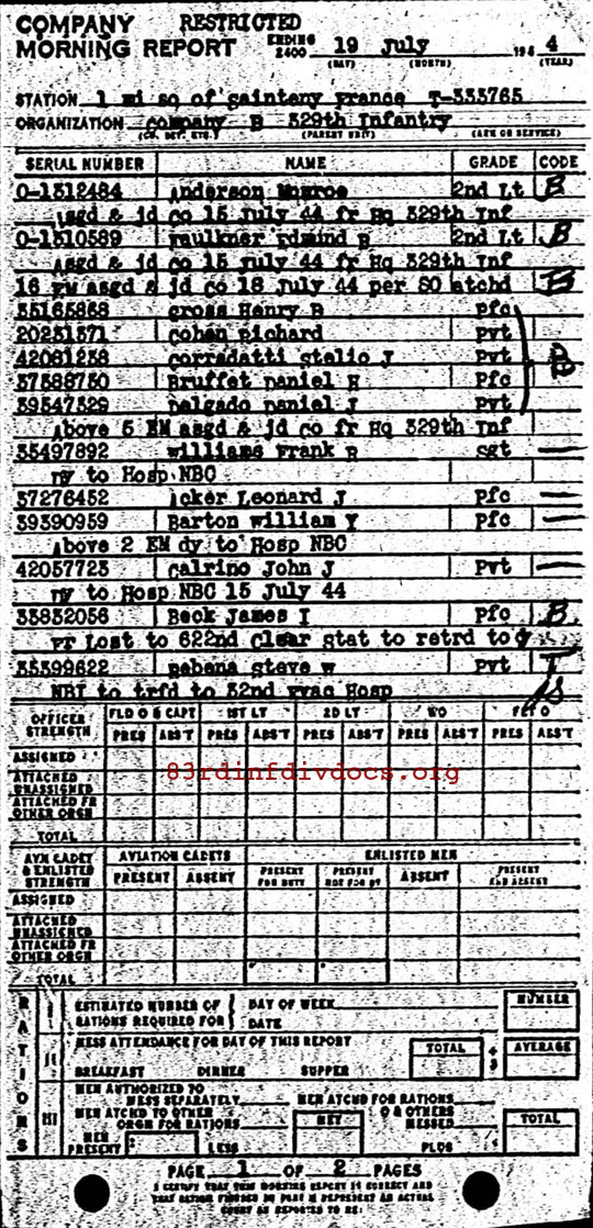 Morning report B Co, 1944-07-19, page 1 Morning report