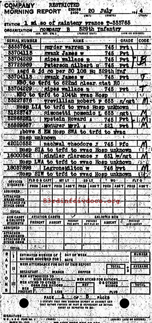 Morning report B Co, 1944-07-20, page 1 Morning report