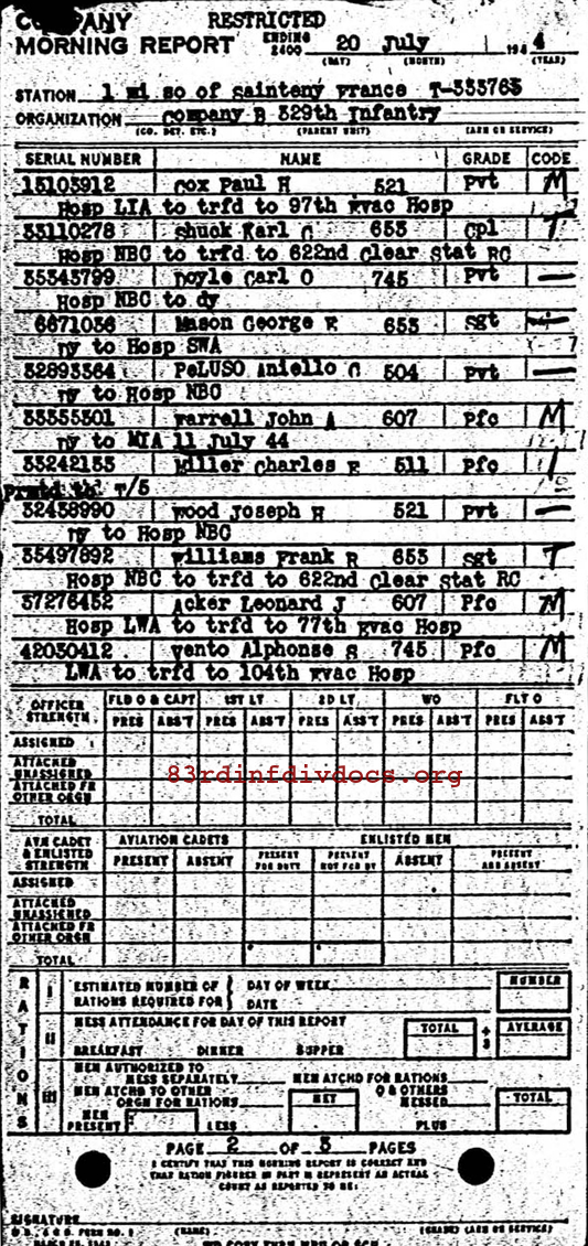 Morning report B Co, 1944-07-20, page 2 Morning report