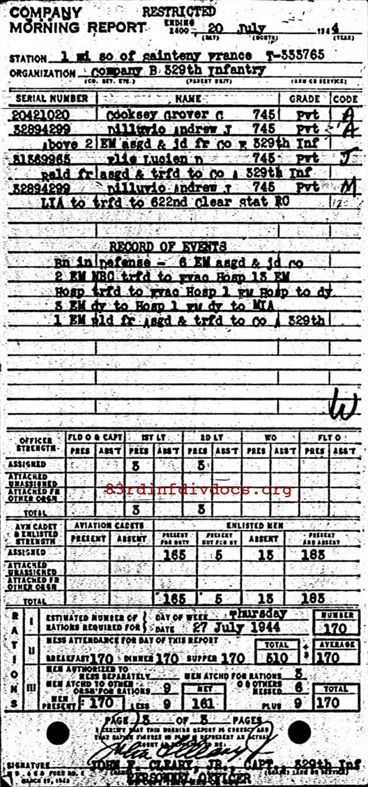 Morning report B Co, 1944-07-20, page 3 Morning report