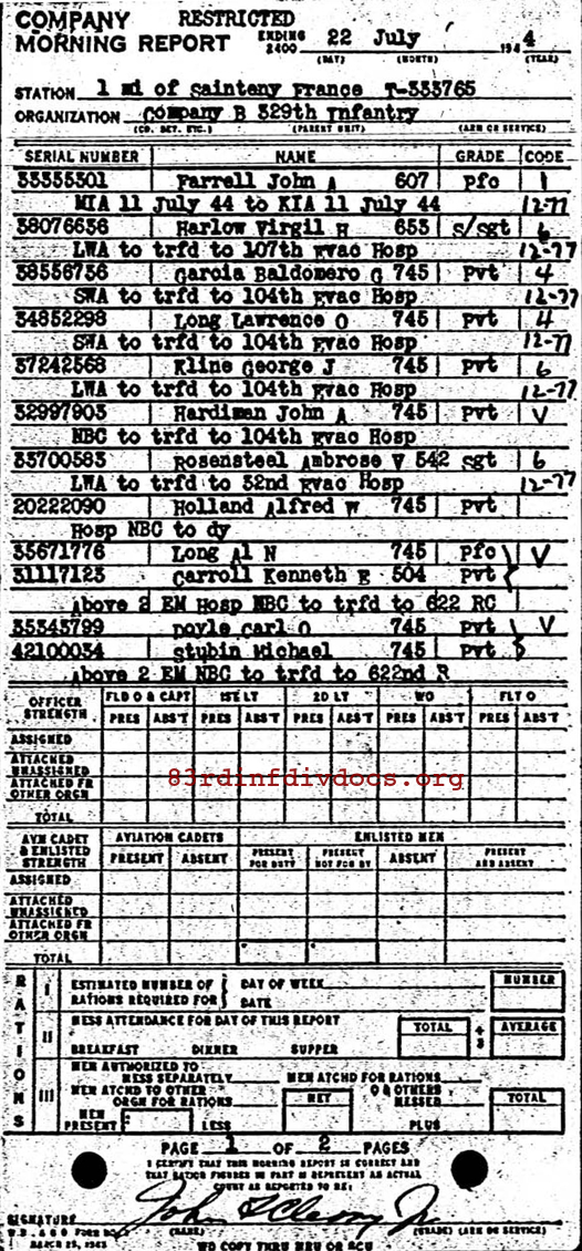 Morning report B Co, 1944-07-22, page 1 Morning report