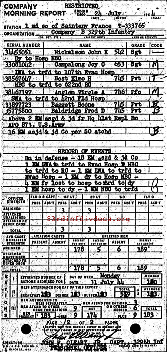 Morning report B Co, 1944-07-24, page 2 Morning report