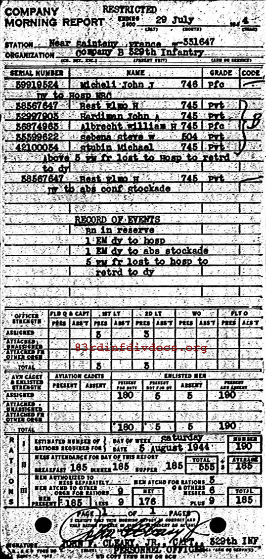 Morning report B Co, 1944-07-29, page 1 Morning report