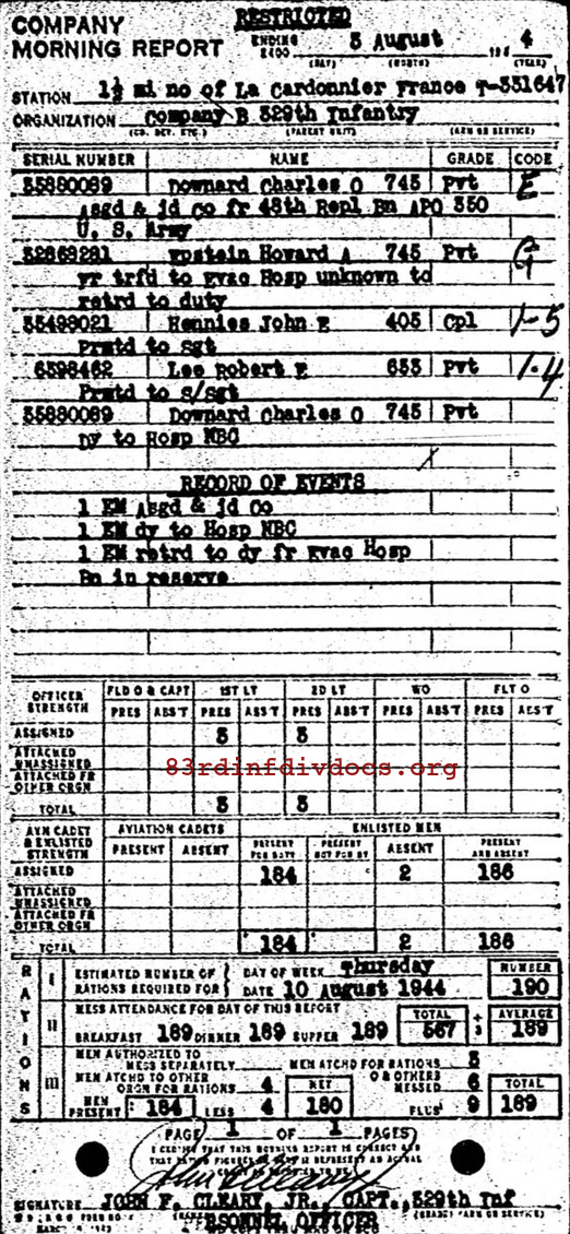 Morning report B Co, 1944-08-03, page 1 Morning report