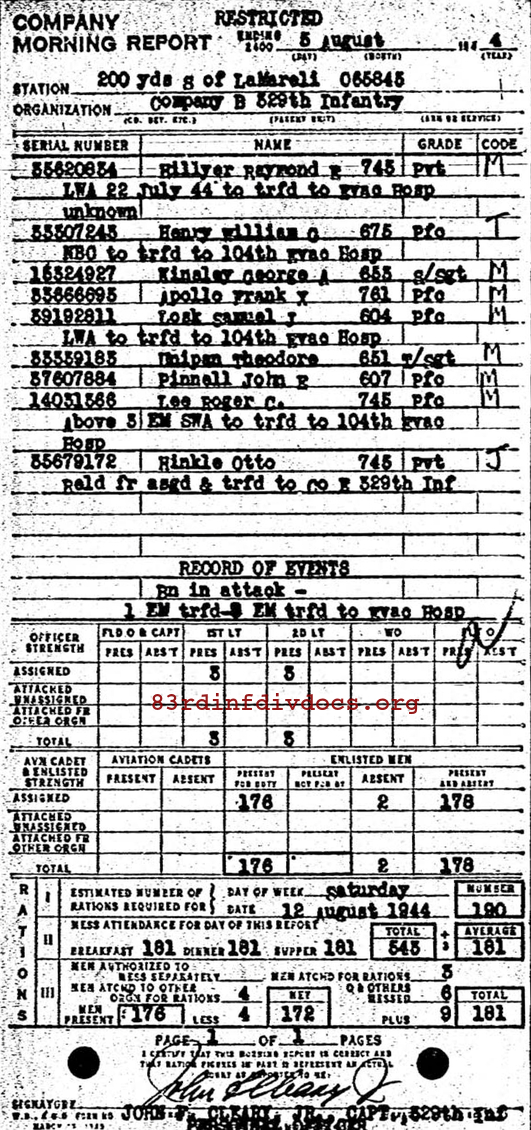 Morning report B Co, 1944-08-05, page 1 Morning report