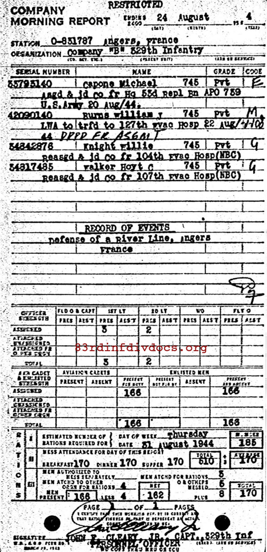 Morning report B Co, 1944-08-24, page 1 Morning report