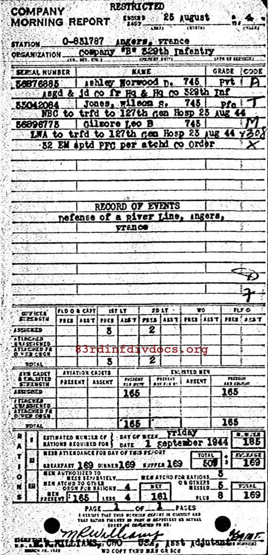 Morning report B Co, 1944-08-25, page 1 Morning report