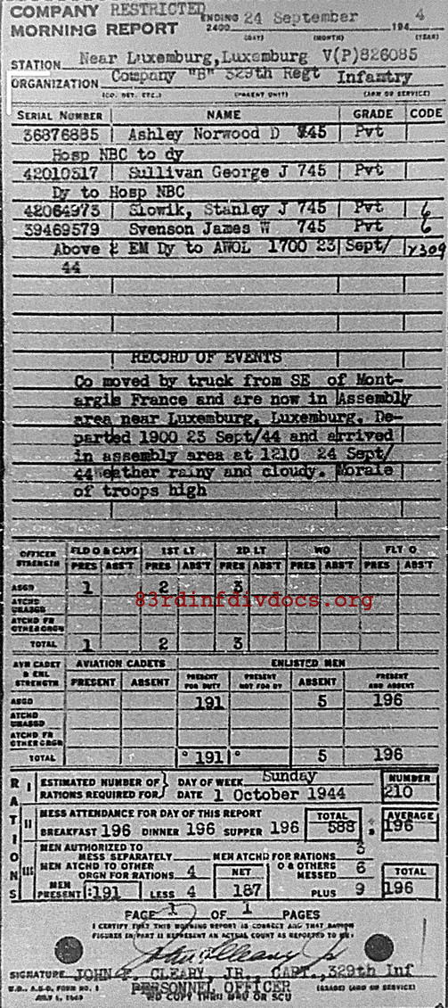 Morning report B Co, 1944-09-24, page 1 Morning report