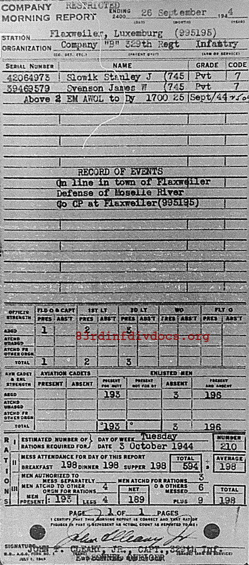 Morning report B Co, 1944-09-26, page 1 Morning report