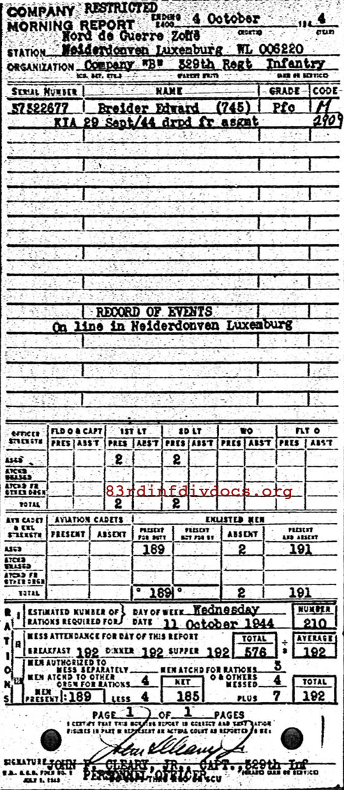 Morning report B Co, 1944-10-04, page 1 Morning report