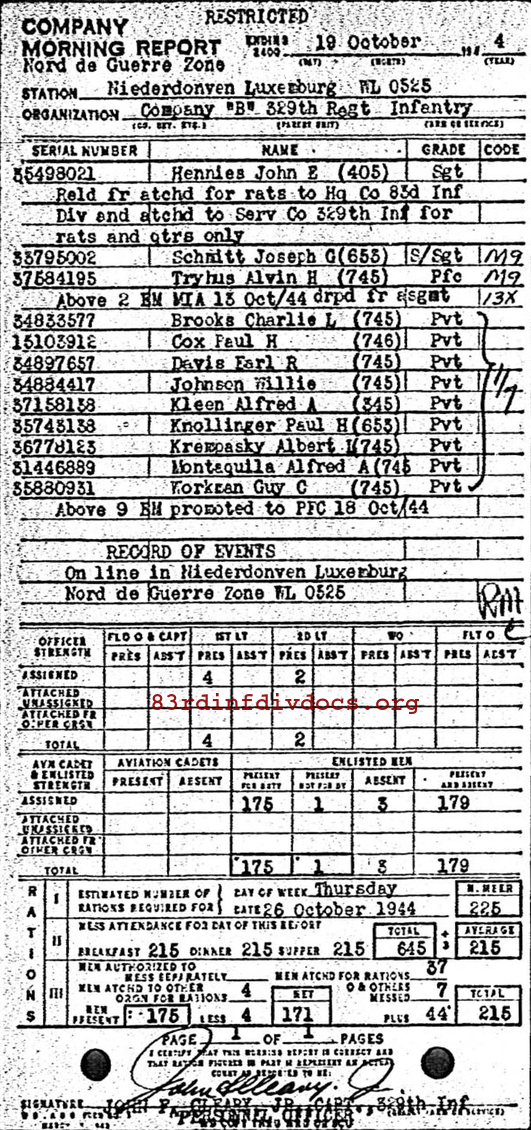 Morning report B Co, 1944-10-19, page 1 Morning report