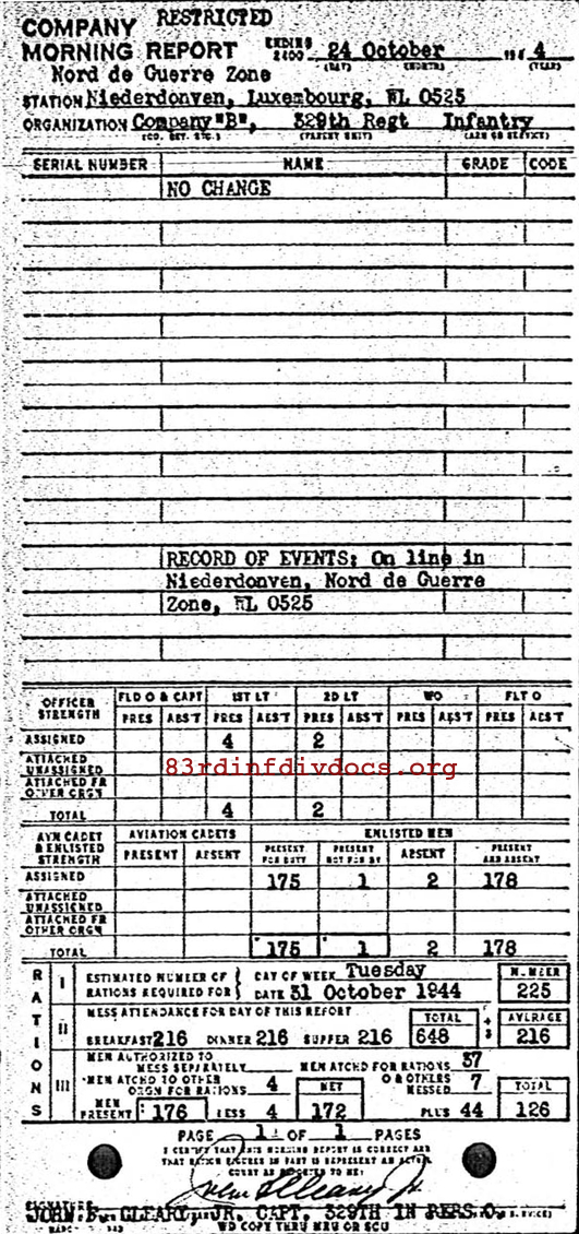 Morning report B Co, 1944-10-24, page 1 Morning report
