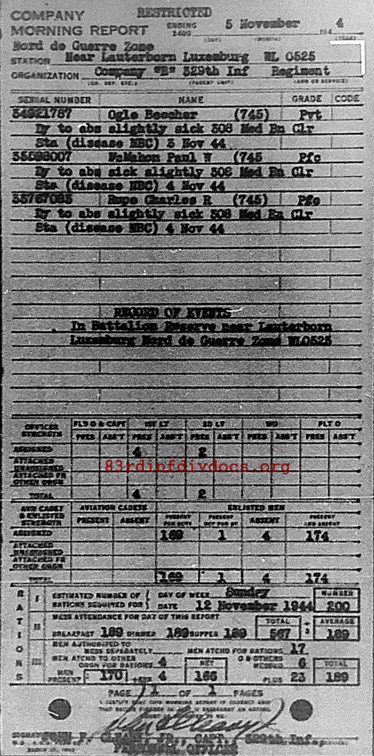 Morning report B Co, 1944-11-05, page 1 Morning report