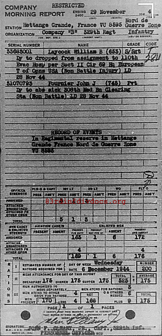 Morning report B Co, 1944-11-29, page 1 Morning report