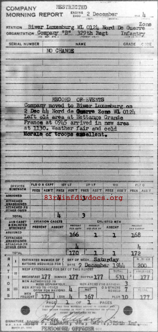 Morning report B Co, 1944-12-02, page 1 Morning report