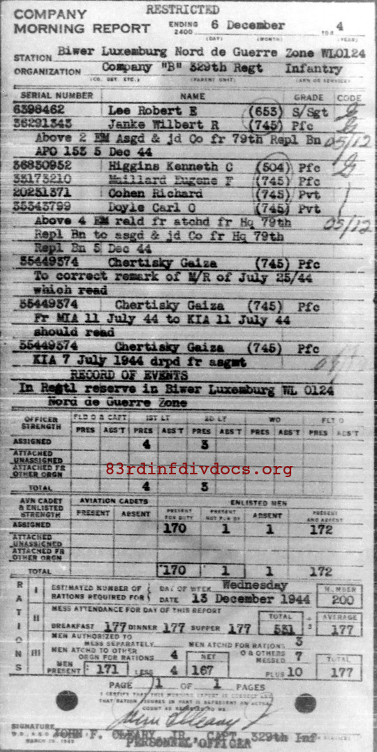 Morning report B Co, 1944-12-06, page 1 Morning report