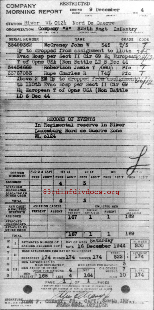 Morning report B Co, 1944-12-09, page 1 Morning report