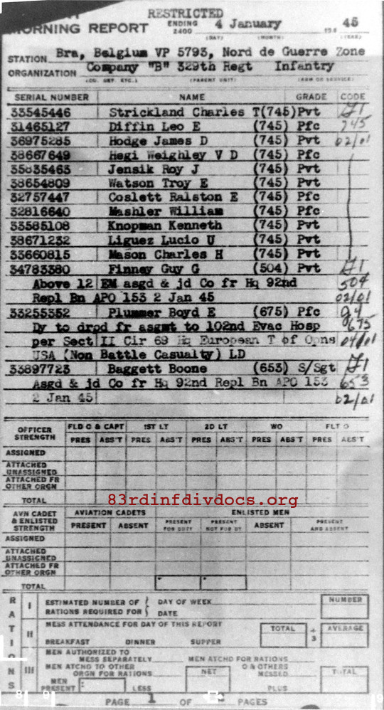 Morning report B Co, 1945-01-04, page 1 Morning report