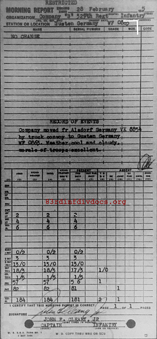 Morning report B Co, 1945-02-28, page 1 Morning report