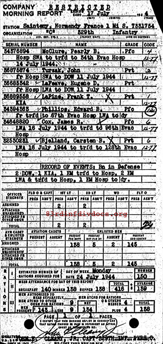 Morning report C Co, 1944-07-17, page 1 Morning report