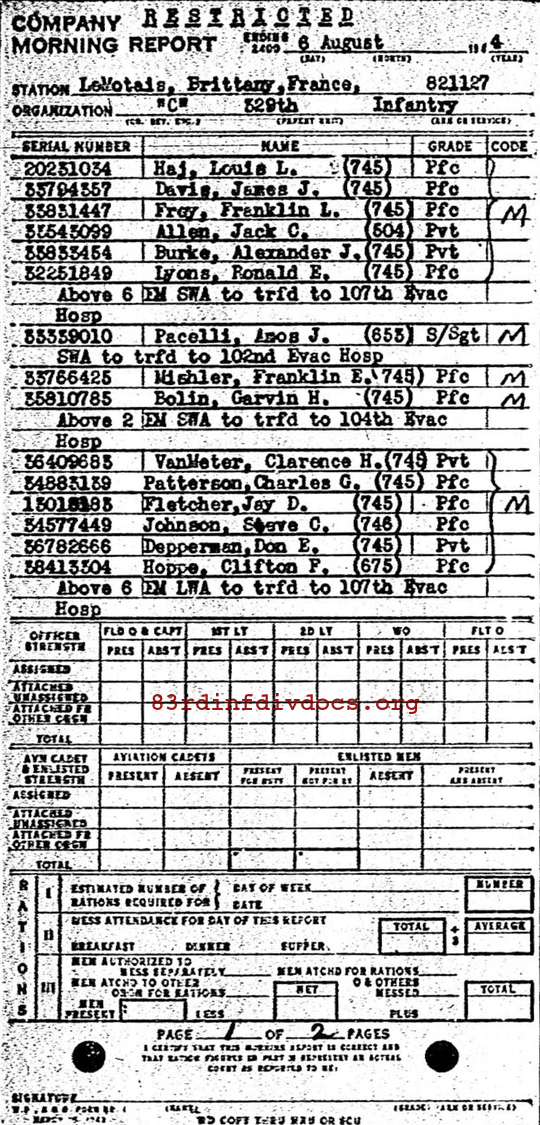 Morning report C Co, 1944-08-06, page 1 Morning report