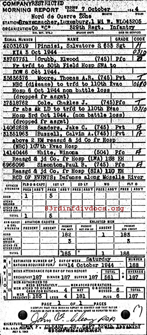 Morning report C Co, 1944-10-07, page 1 Morning report