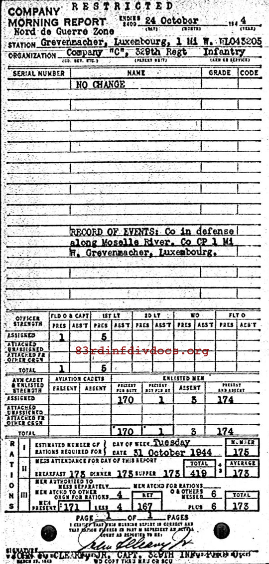Morning report C Co, 1944-10-24, page 1 Morning report