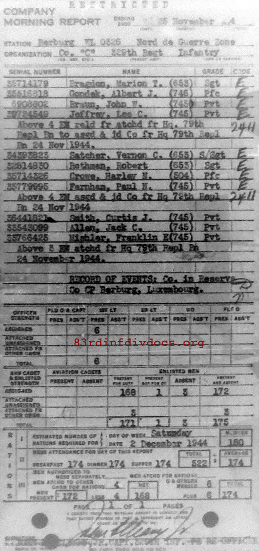 Morning report C Co, 1944-11-25, page 1 Morning report