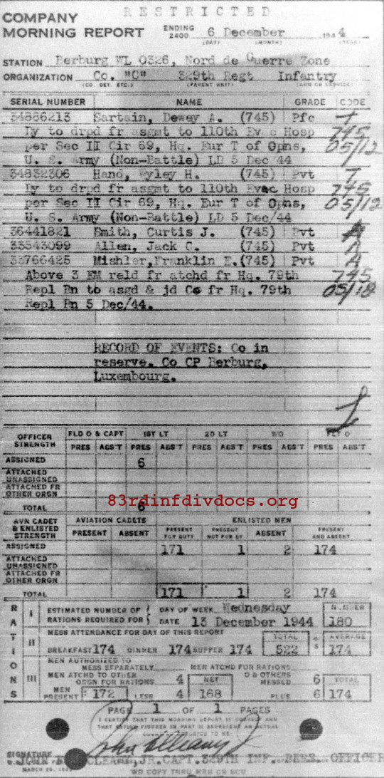 Morning report C Co, 1944-12-06, page 1 Morning report