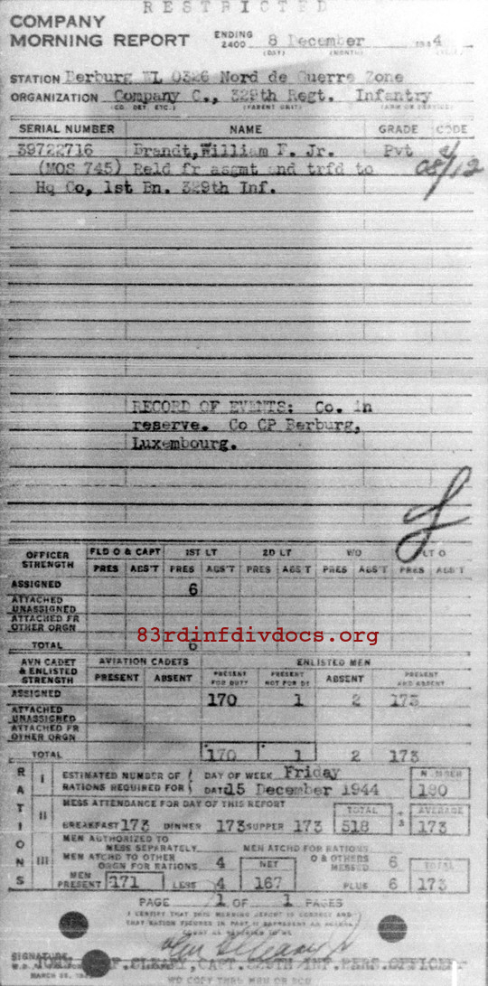 Morning report C Co, 1944-12-08, page 1 Morning report