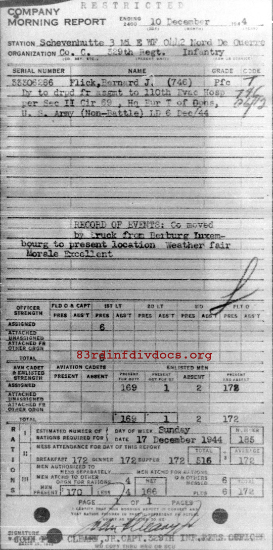Morning report C Co, 1944-12-10, page 1 Morning report