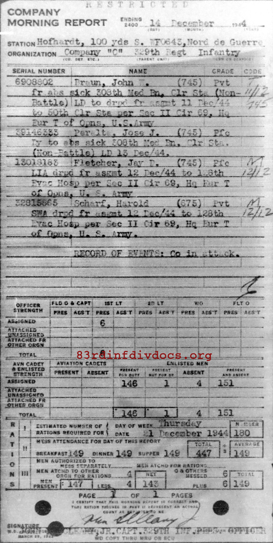 Morning report C Co, 1944-12-14, page 1 Morning report