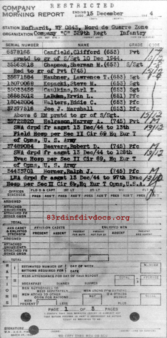 Morning report C Co, 1944-12-15, page 1 Morning report