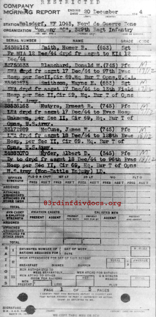 Morning report C Co, 1944-12-20, page 1 Morning report